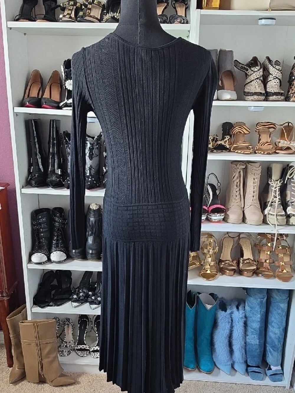 CHANEL Black Long-Sleeve Ribbed Knit Midi Dress